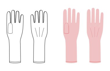 Sürgülü pembe karikatür ve düz çizim moda el aksesuarları teknik illüstrasyon giysisi. Beyaz arka planda erkek, kadın ve unisex tarzı CAD için vektör ön avucu görünümü