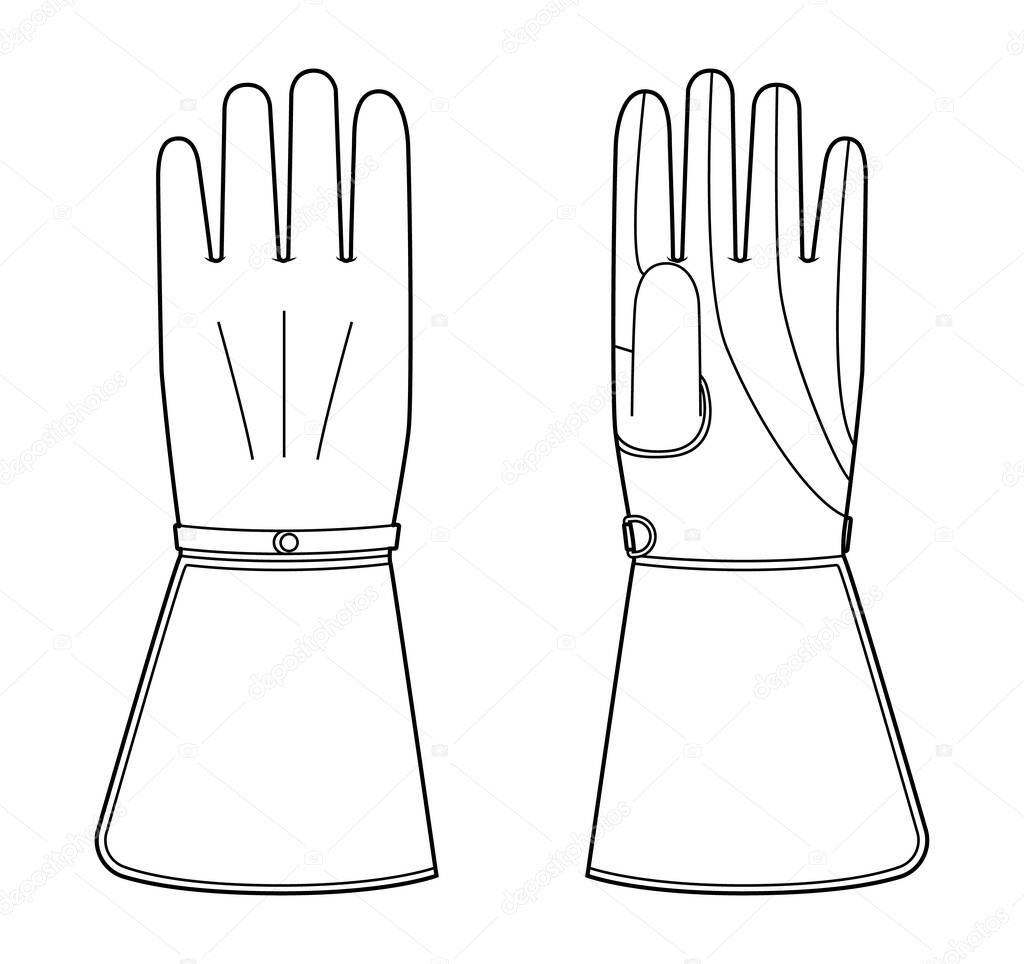 Gauntlets Gloves Abowe Wrist length Fashion hand accessory clothing technical illustration garment. Vector front palm back view for Men women style flat template CAD mockup outline on white background