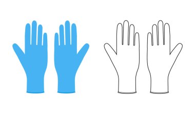 Lastik temizleme koruyucu eldivenler mavi çizgi film ve düz model el aksesuarları teknik illüstrasyon giysileri. Beyaz arka planda bulaşık yıkama vektörü, unisex şablonu CAD