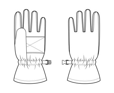 Kayak Eldiveni Iglos Yalıtılmış Çekirdek Moda El Aksesuarları Teknik İllüstrasyon Elbisesi. Erkekler için vektör ön avuç arkası görünümü, beyaz arkaplan üzerinde kadın tarzı düz şablon CAD modeli çizimi