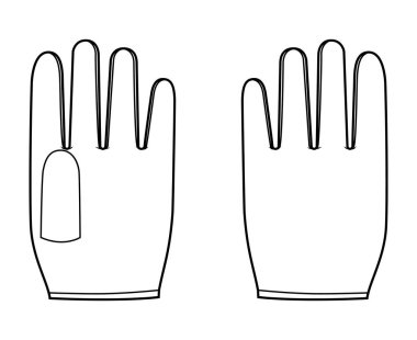 Shortie Gloves kısa mesafe moda el aksesuarları teknik illüstrasyon elbisesi. Erkekler, kadınlar, unisex tarzı düz şablon CAD taslak taslağı için vektör ön avuç arkası görünümü