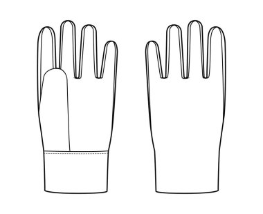 Örtü Eldiveni Moda Aksesuar Kıyafet Teknik Çizim Elbisesi. Erkek, kadın, unisex tarzı düz şablon CAD taslak taslağı için ön avuç içi görünümü