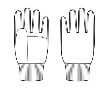 Kış Eldivenleri, elastik kelepçeli moda el aksesuarları, teknik illüstrasyon giysileri. Erkek, kadın, unisex tarzı düz şablon CAD taslak taslağı için vektör ön avuç arkası görünümü