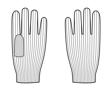 Örgü yün eldivenler kısa mesafe moda el aksesuarları teknik illüstrasyon giysisi. Erkek kadınlar için vektör ön avuç arkası görünümü, unisex tarzı düz şablon CAD taslak taslağı