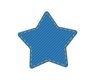 Dikişleriyle kot yıldızı şeklinde yama kot pantolon desenli. Düz giysi mavi renk şablonu beyaz arkaplanda izole edildi