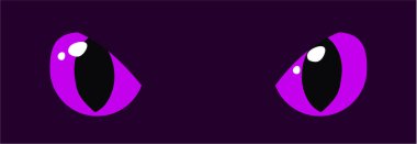 Mor parıldayan gözler karanlık arka plan fantezi çizgi film hayvan sürüngen kedi canavar canavar ejderha parlak öğrenci vektör çizimi