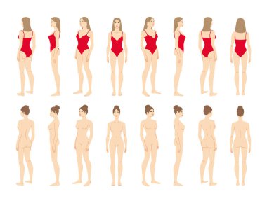 7 başlı, kırmızı elbiseli ve mayolu bir kadının vektör çizimi. Önü, yanı ve arkası dahil olmak üzere birden fazla açı gösteriyor. Moda çizimleri, anatomi referansı ve stil tasarımı için mükemmel..