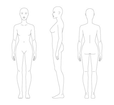 Yedi başlı bir kadının vektör çizimi, ön, yan ve arka da dahil olmak üzere birden fazla açı gösteriyor. Moda çizimleri, anatomi referansı ve stil tasarımı için mükemmel..