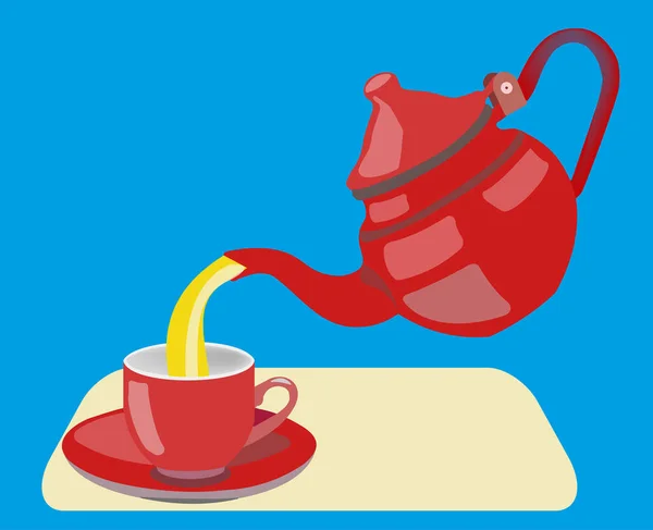 青い光の背景の上のトレイにティーカップにお茶を注ぐティーポット フラット図面 — ストックベクタ