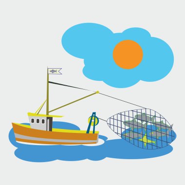 Balıkçı teknesi mavi denizde balık dolu ağı çekiyor, düz renkler çiziyor, ağlarla denizde balık tutuyor.