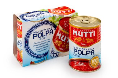 Parma, Italy - January 14, 2023: Mutti tomato pulp, Italian packaging of two tin cans isolated on white with clipping path. Mutti is an important canning industry in Parma