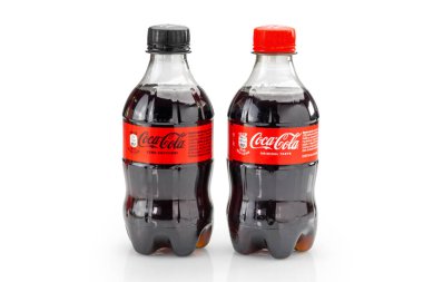 italy - january 14, 2023: Coca Cola original taste with Coca Cola sugar zero in little plastic bottle isolated on white, clipping path