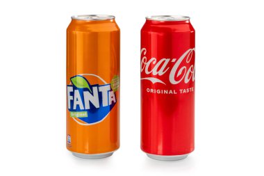 italy - january 14, 2023: Can of Coca Cola original taste with can of Fanta Original soft drink with orange juice isolated on white with clipping path included. 500ml cans