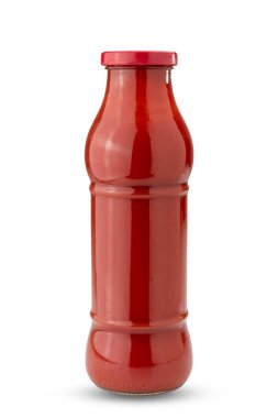 Glass bottle jar of tomato puree isolated on white, clipping path included