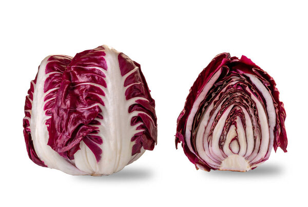 Radicchio di Verona typical red leaf radish chicory, whole near at section cut, isolated on white, clipping path included