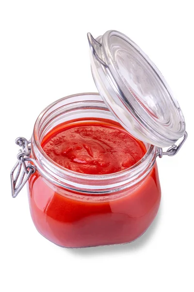 Tomato Puree Sauce Glass Jar Open Top View Isolated White — Stockfoto