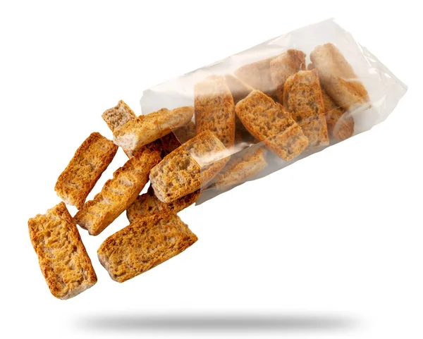 Bread Croutons Coming Out Transparent Envelope Isolated White Clipping Path — Stock Photo, Image