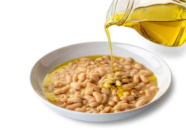 Huile Olive Extra Vierge Versant Cruche Verre Sur Soupe Haricots — Photo