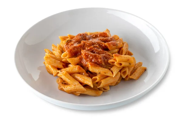 Penne Rigate Macaroni Pasta Served Red Tomato Sauce Meat White — Stock Photo, Image