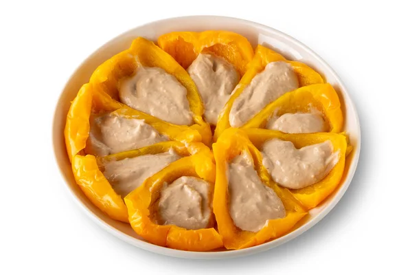 Μαγειρεμένες Κίτρινες Πιπεριές Γεμιστές Σάλτσα Bagna Cauda Μια Κρέμα Φτιαγμένη — Φωτογραφία Αρχείου