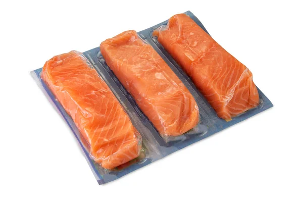 stock image Salmon slices in vacuum packed sealed for sous vide cooking isolated on white, clipping path included 