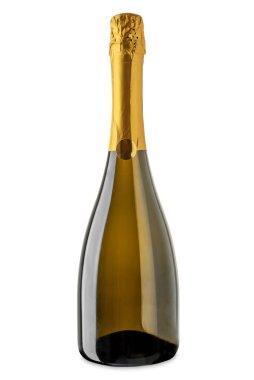 Şampanya cuvee şişesi, millesimato köpüklü şarap, beyaz izole edilmiş, kırpma yolu da dahil.