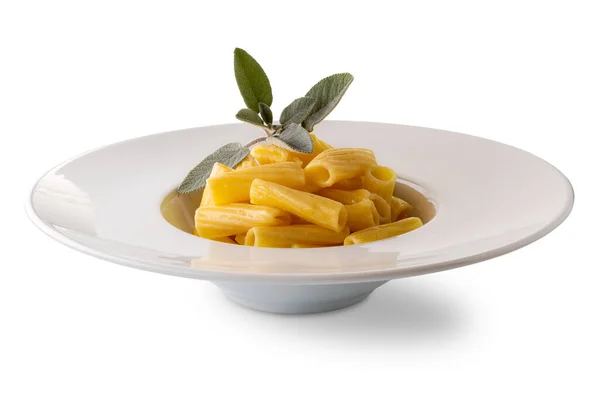 Macaroni Rigatoni บเนยและซอสสะระแหน ในจานส ขาวท ใบสะระแหน แยกก นบนเส นทางส ขาวต — ภาพถ่ายสต็อก