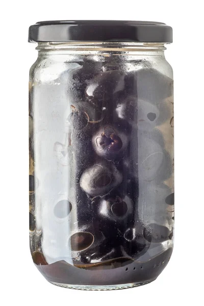 Aceitunas Negras Sin Hueso Conservadas Frasco Vidrio Aisladas Blanco Con — Foto de Stock