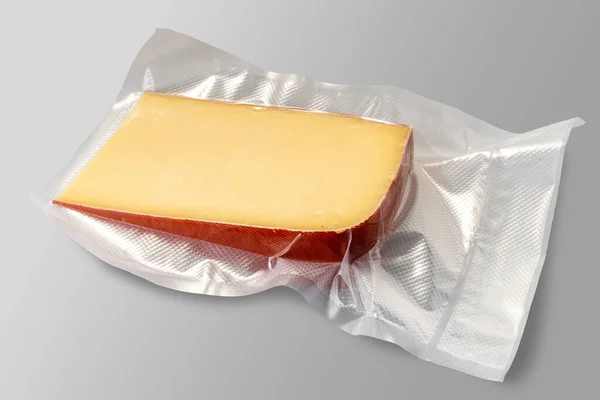 Fontal Cheese Slice Vacuum Pack Sous Vide Cooking Isolated Gray — Stock Photo, Image