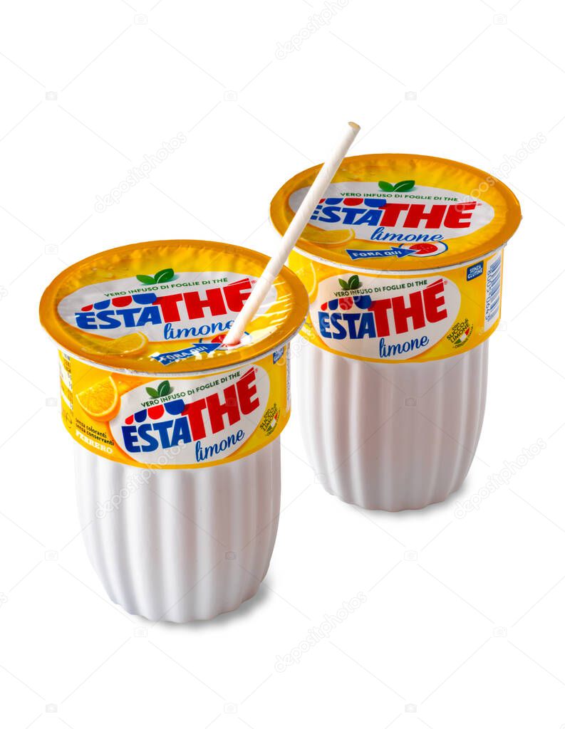 Alba, Italy - March 29, 2023: package of Estathe Ferrero lemon tea drink with paper straw isolated on white with clipping path