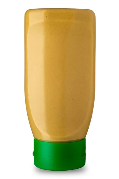 Squeezy Bottiglia Plastica Senape Con Tappo Verde Isolato Bianco Percorso — Foto Stock