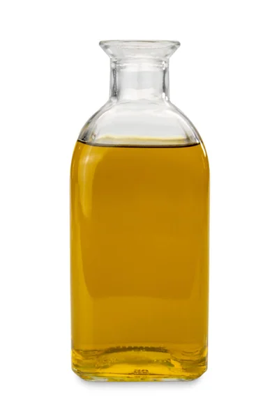Extra Panenský Olivový Olej Skleněné Láhvi Izolované Bílé Odstřihovací Dráze — Stock fotografie