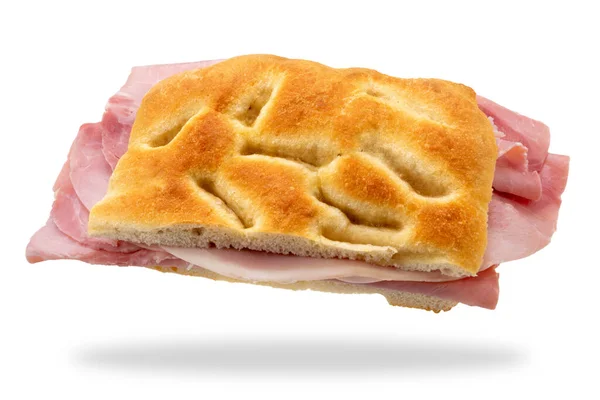 Focaccia Sandwich Focaccia Genova Farcita Con Fette Prosciutto Isolata Bianco — Foto Stock