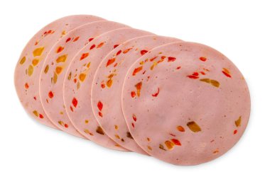 Paprika lyoner sausage slices with red bell pepper, isolated on white with clipping path clipart