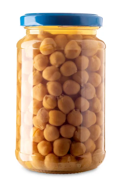 Pickled Chickpeas Glass Jar Blue Cap Isolated White Clipping Path — Stock Photo, Image