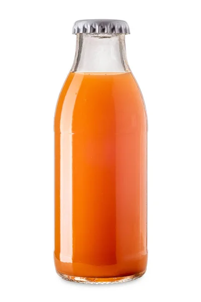 Meruňkový Ovocný Džus Skleněné Láhvi Korunkovým Uzávěrem Izolovaný Bílém Odstřihovací — Stock fotografie