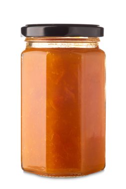 Cam kavanozda kayısı reçeli, kırpma yolu ile beyaz kesilmiş