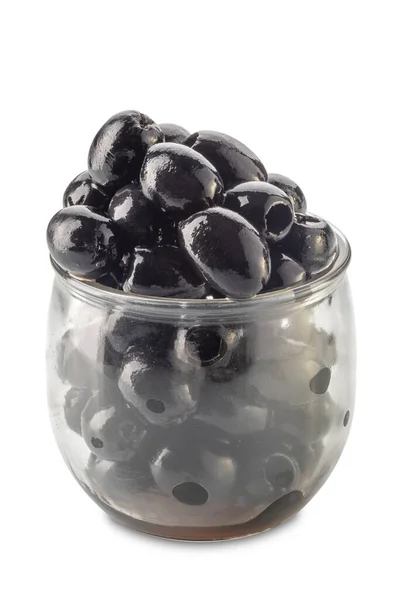 stock image Pitted black olives in glass cup isolated on white with clipping path included