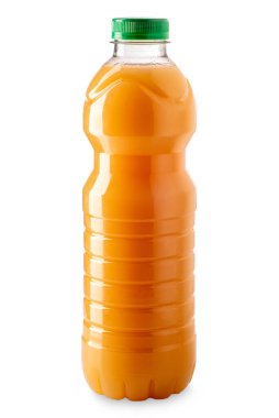 Kayısı ya da şeftali suyu. Plastik şişede. Kırpma yolu olan beyaza izole edilmiş.