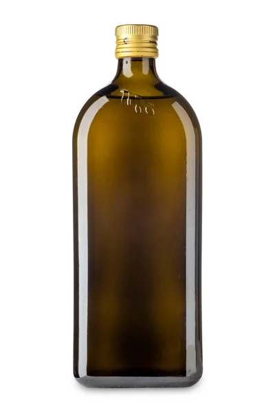 Extra Panenský Olivový Olej Tmavě Zelené Skleněné Láhvi Izolované Bílém — Stock fotografie