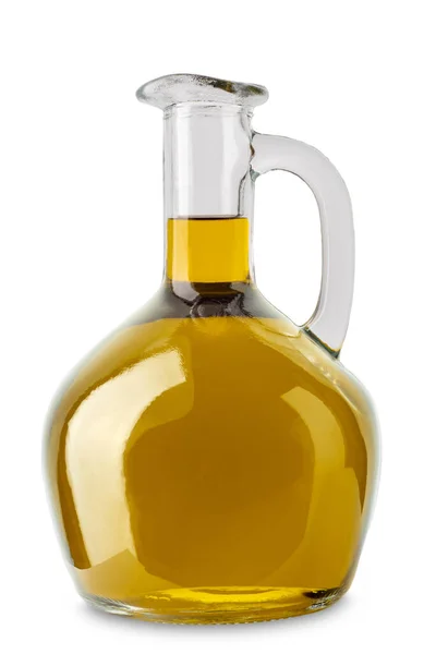 Extra Panenský Olivový Olej Skleněné Krupici Izolovaný Bílém Odstřihovací Dráhou — Stock fotografie
