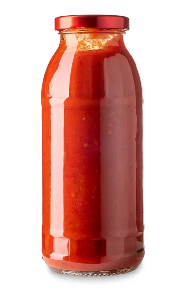 Tomatensaus Glazen Pot Met Rode Dop Geïsoleerd Wit Met Knippad — Stockfoto