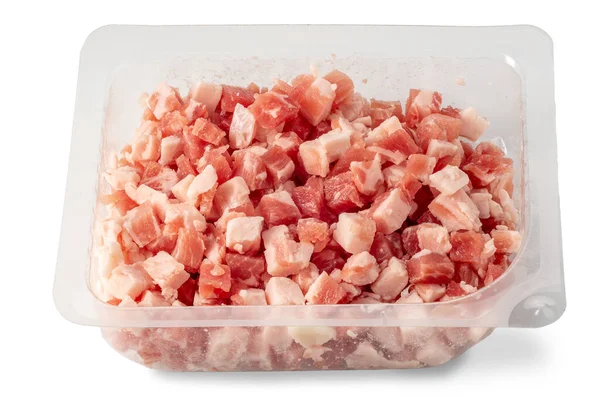 Tärnad Bacon Livsmedelskvalitet Plastbalja Till Salu Isolerad Vitt Med Klippbana — Stockfoto