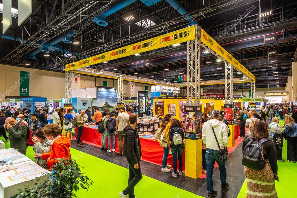 Turin, Italy - May 22, 2023: Stand of Panini Comics publisher at the 35th Turin International Book Fair.