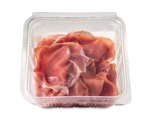 Slices Parma Ham Ingeblikt Transparante Plastic Bakjes Koop Supermarkten Geïsoleerd — Stockfoto
