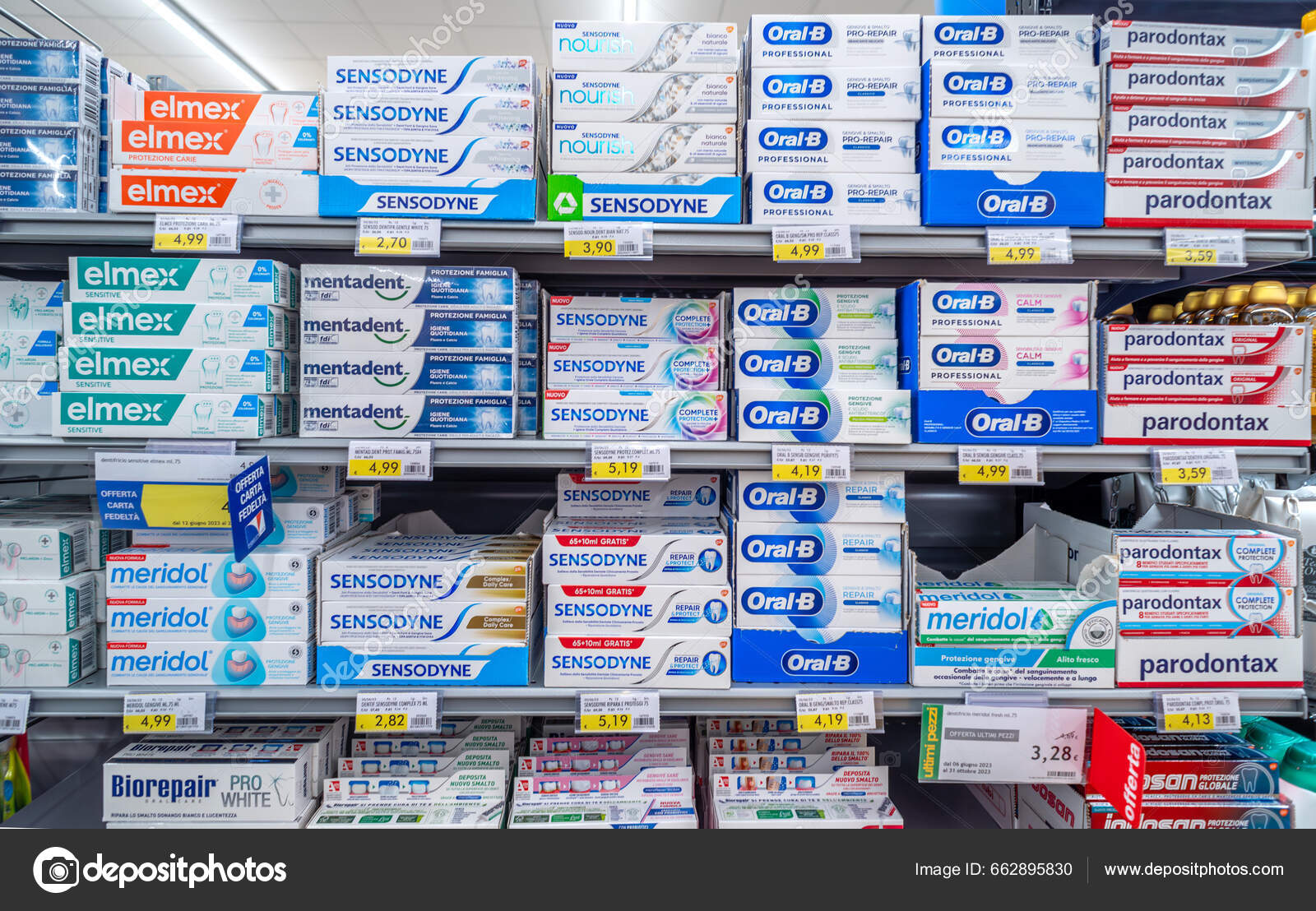 Italy June 2023 Packs Toothpaste Various Brands Types Shelf Italian