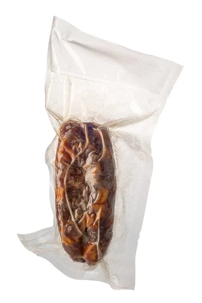 Salame Salsicha Preservada Embalagem Vácuo Para Cozimento Sous Vide Isolado — Fotografia de Stock