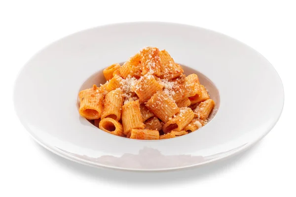 Mezze Maniche Maccheroni Con Salsa Pomodoro Rosso Parmigiano Grattugiato Piatto — Foto Stock