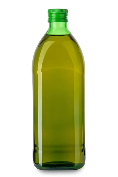 Extra Panenský Olivový Olej Zelené Skleněné Láhvi Izolované Bílém Výstřižkem — Stock fotografie