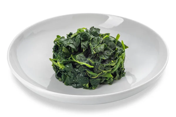 stock image Spinach cooked in white dish isolated on white with clipping path included 